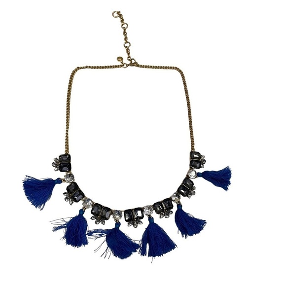 J Crew Statement Necklace Blue Tassels Rhinestones - Picture 2 of 8